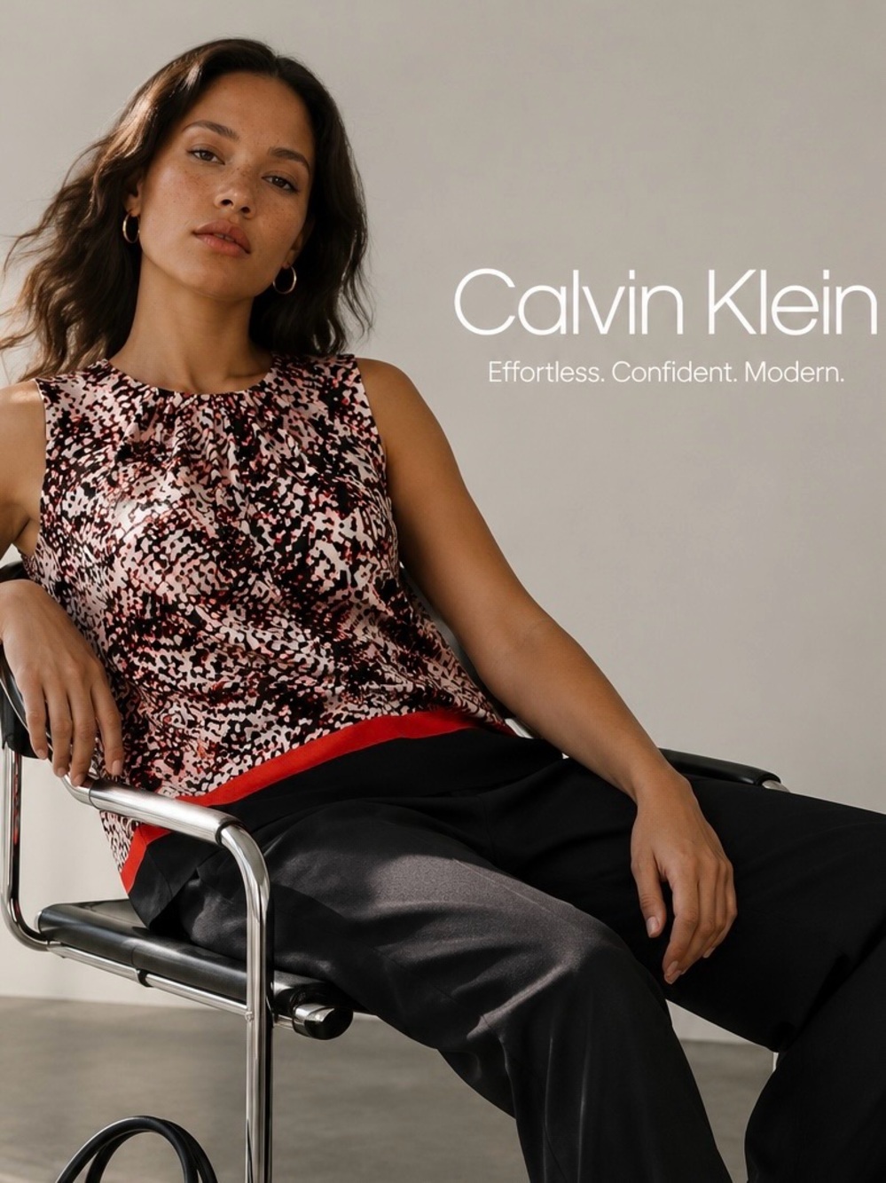 NWOT Calvin Klein ‘Sleeveless Pleat Neck Abstract Print Knit Top’ in Red Multi L
